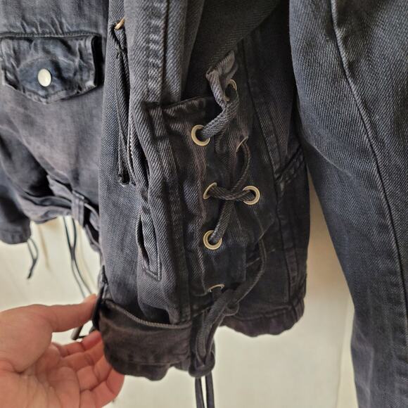Free People black denim moto jacket Size Large Retro Biker Indie Grunge - Picture 9 of 13